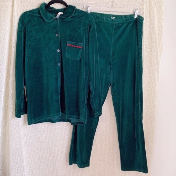 Vintage Victoria Secret Country Green Velvet Top & Pants Pajamas Set Size M - Picture 3 of 11
